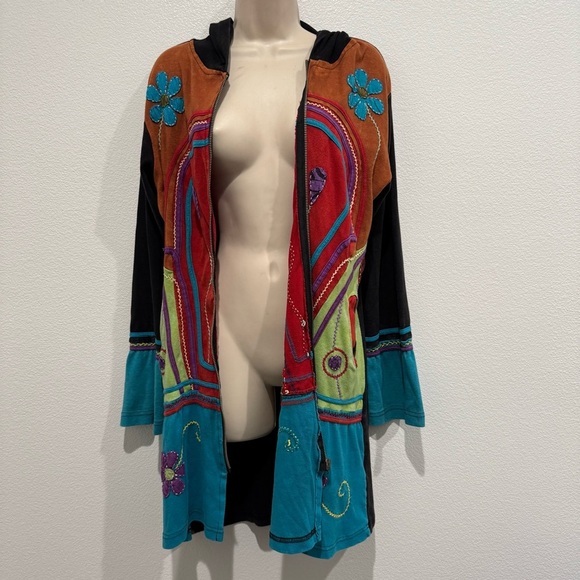 Rising International Long Zip Up Jacket Size L Boho Hippie Floral Patchwork - Picture 3 of 11